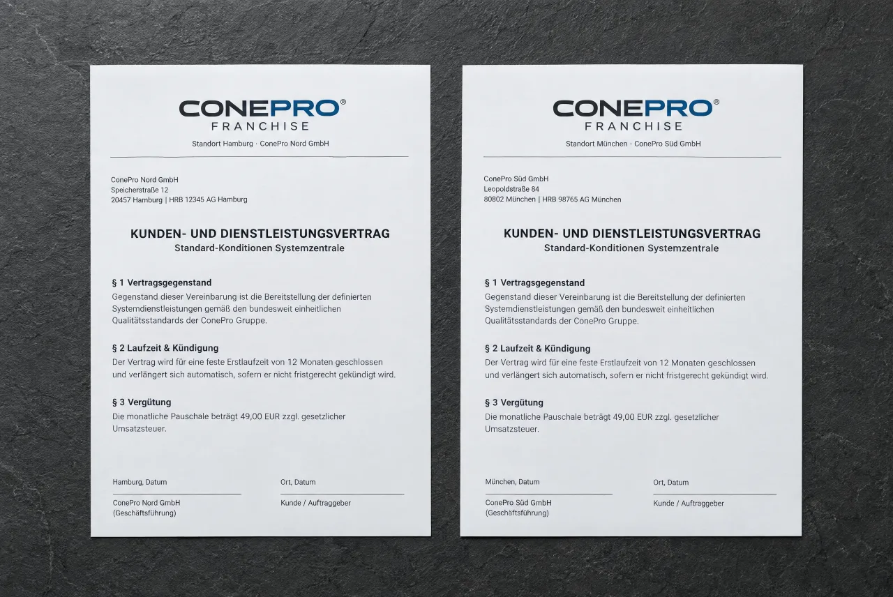 The same contract as two finished PDFs side by side, each with the logo and address of a different location.