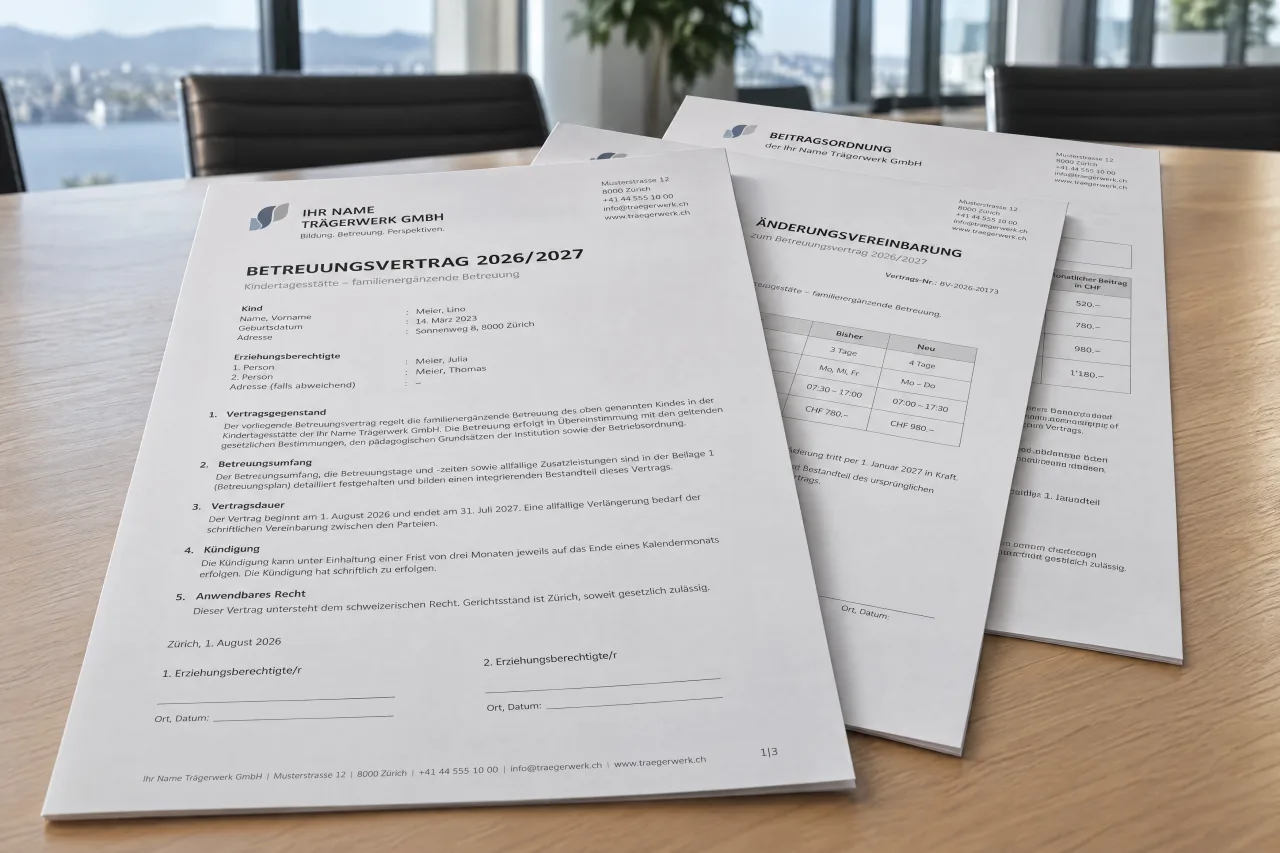 Ein Betreuungsvertrag als fertiges PDF, mit dem Logo des Trägers in der Kopfzeile.