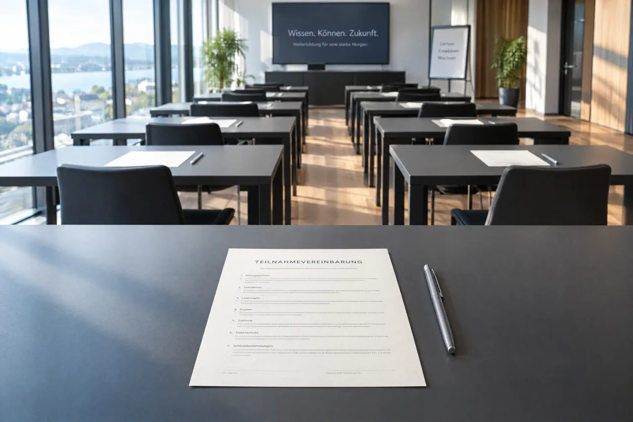 Eine fertige Teilnahmevereinbarung auf dem Tisch eines Seminarraums.