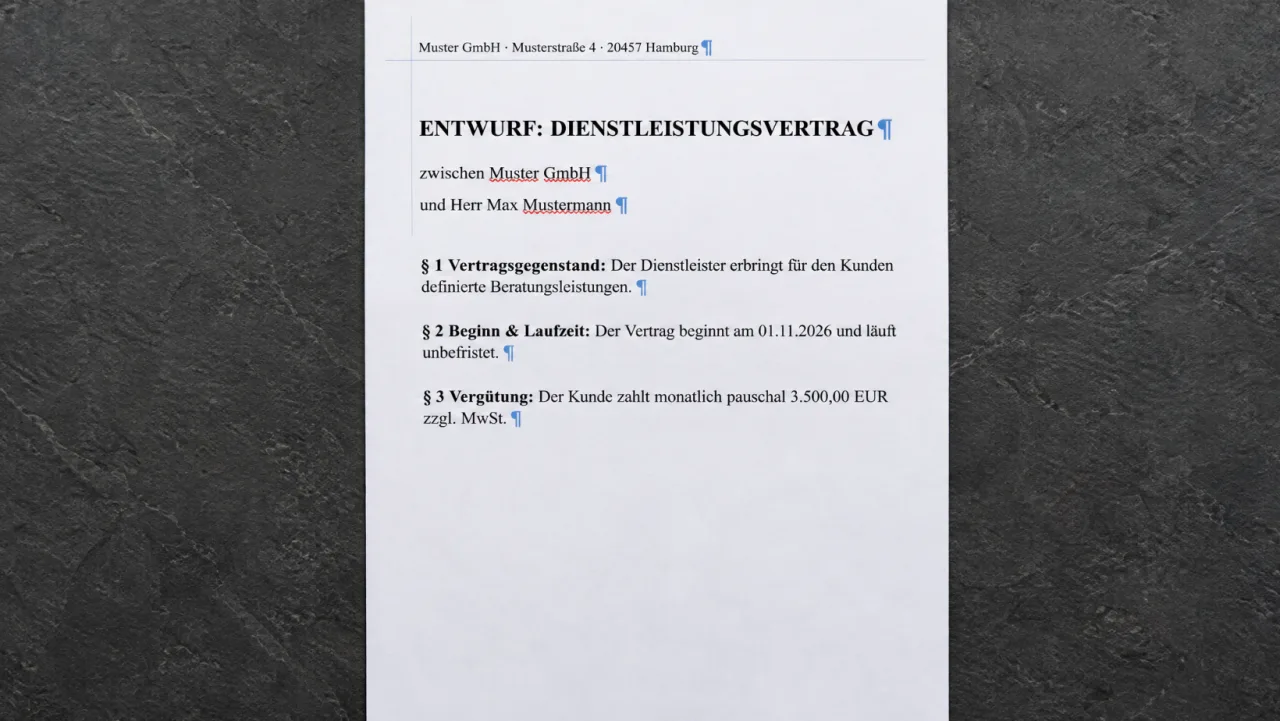 A contract in a word processor, with parts highlighted in yellow that are changed by hand every time.