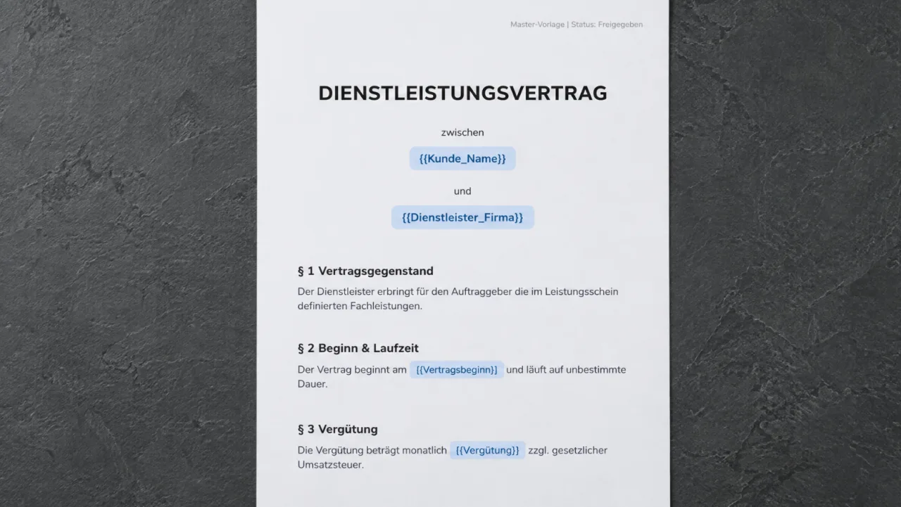 The same contract as a template: named placeholders in the text replace the highlighted parts.