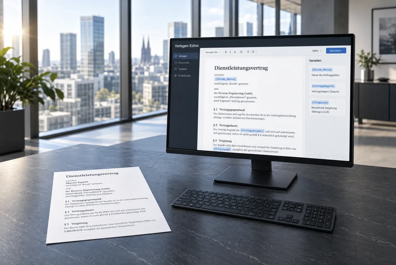 On the left a printed contract, on the right the same text in the editor with highlighted placeholders.
