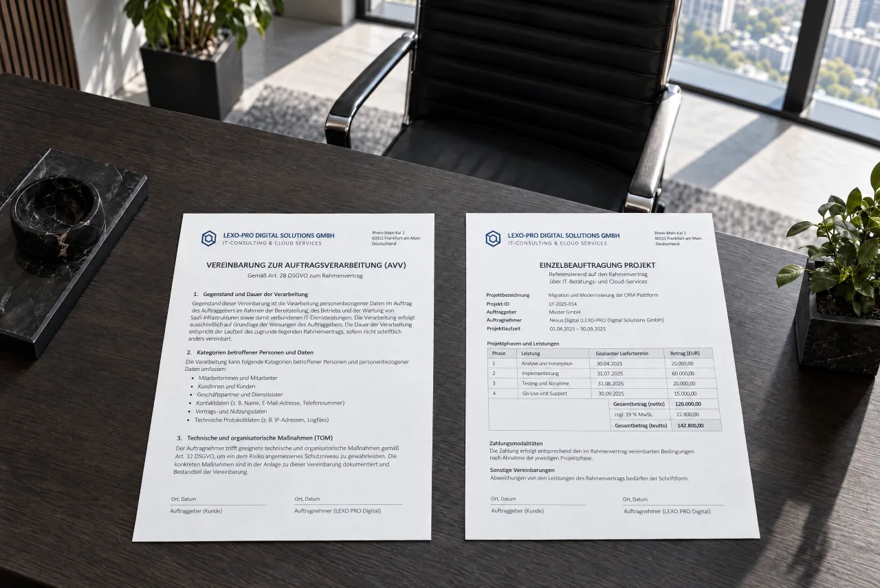 Ein Auftragsverarbeitungsvertrag als fertiges PDF, mit dem Logo der Agentur in der Kopfzeile.