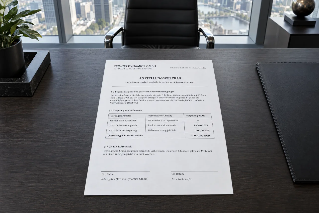 An employment contract as a finished PDF, with the company’s logo in the header.