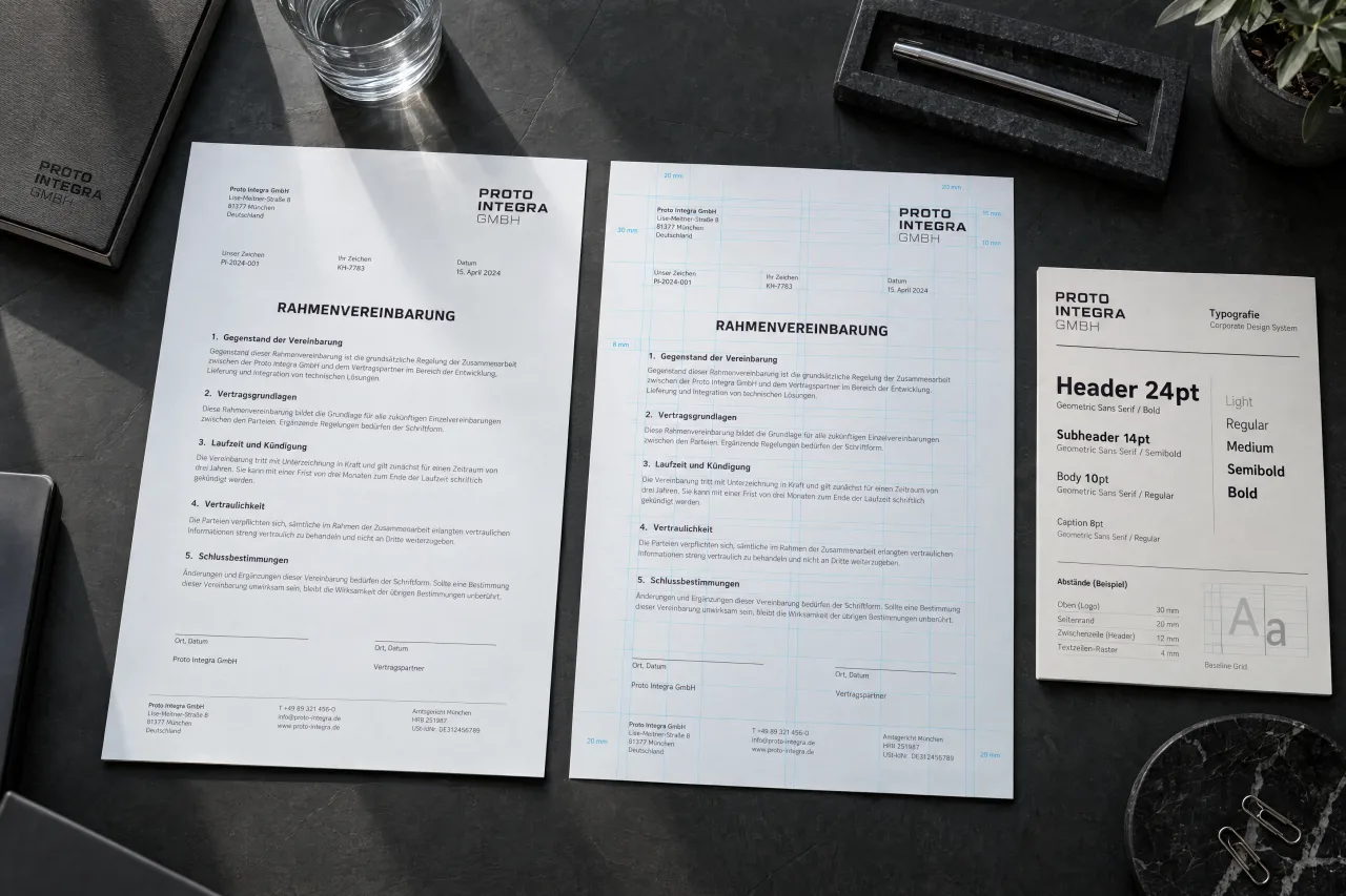 Two identical contract pages with a company logo; on the right-hand one the type area is marked with its measurements. Next to them a card with the font sizes and spacing of the appearance settings.