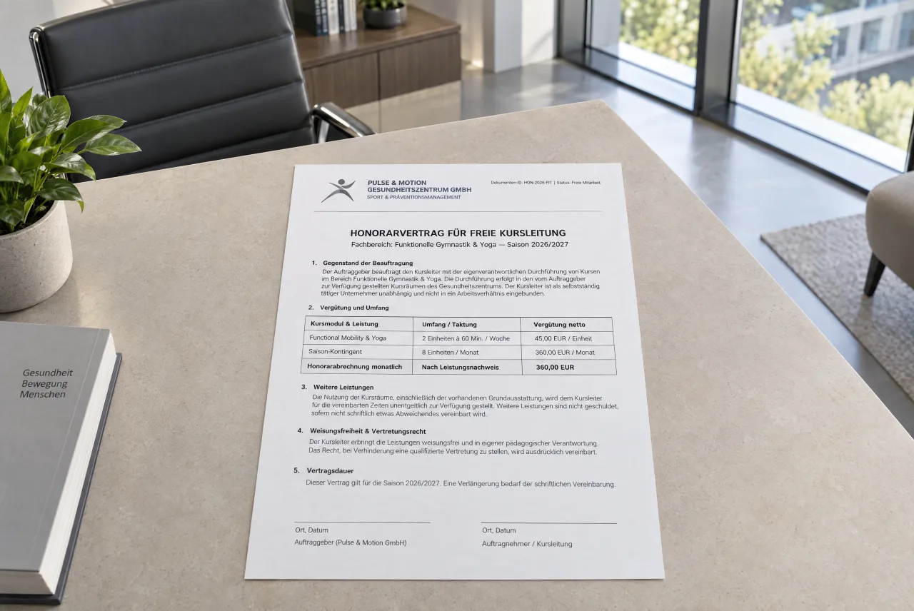 A freelance contract for a course instructor as a finished PDF, with the studio’s logo in the header.