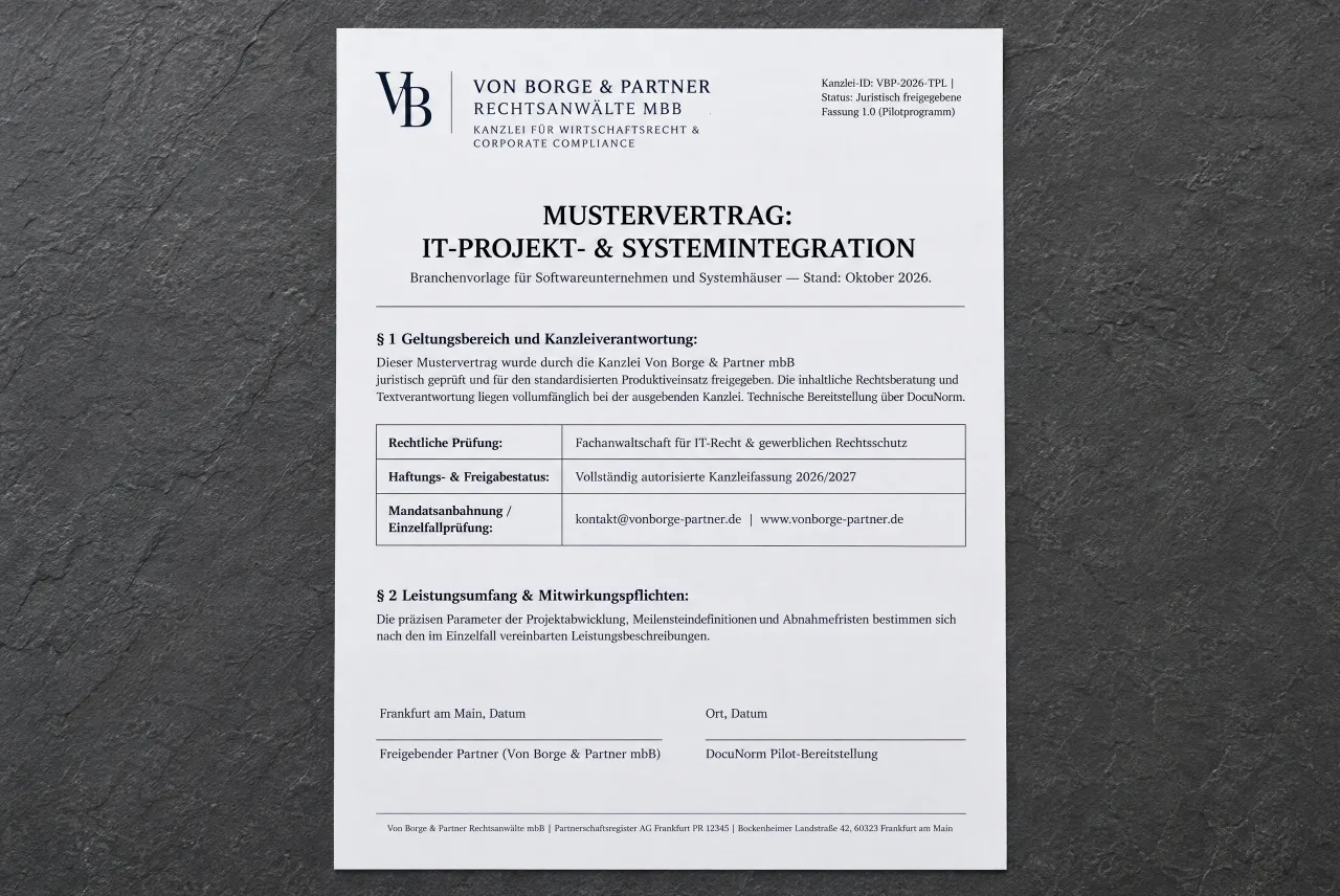 Ein Vertrag als fertiges PDF, in dessen Fußzeile die Kanzlei genannt ist, die den Text geprüft hat.