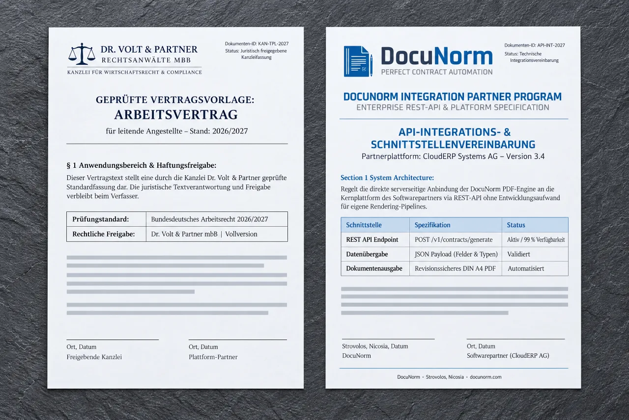 Zwei fertige Vertrags-PDFs nebeneinander, eines mit dem Namen einer Kanzlei in der Fußzeile.