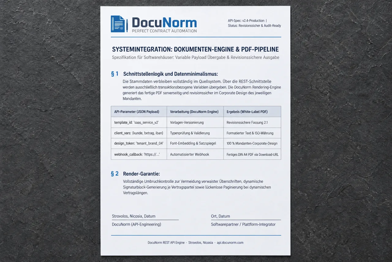 Ein fertiger Vertrag als PDF, erzeugt aus einer Branchensoftware heraus.