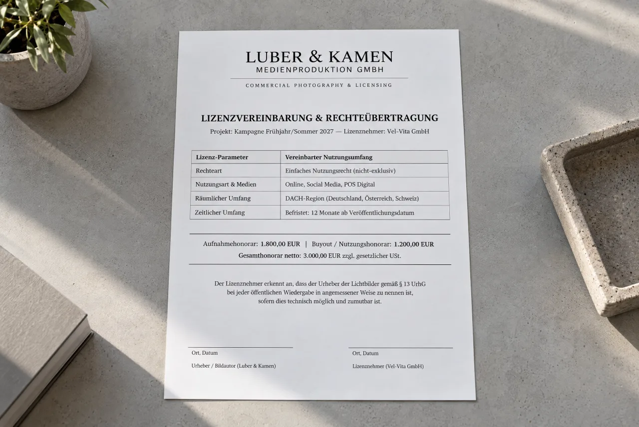 A contract granting usage rights as a finished PDF, with the photographer’s logo in the header.