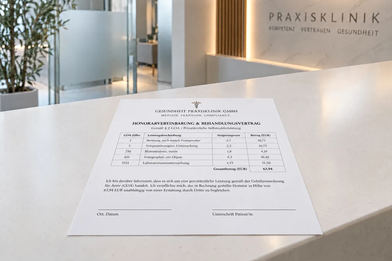 Eine Vereinbarung über Selbstzahlerleistungen als fertiges PDF, mit dem Logo der Praxis in der Kopfzeile.