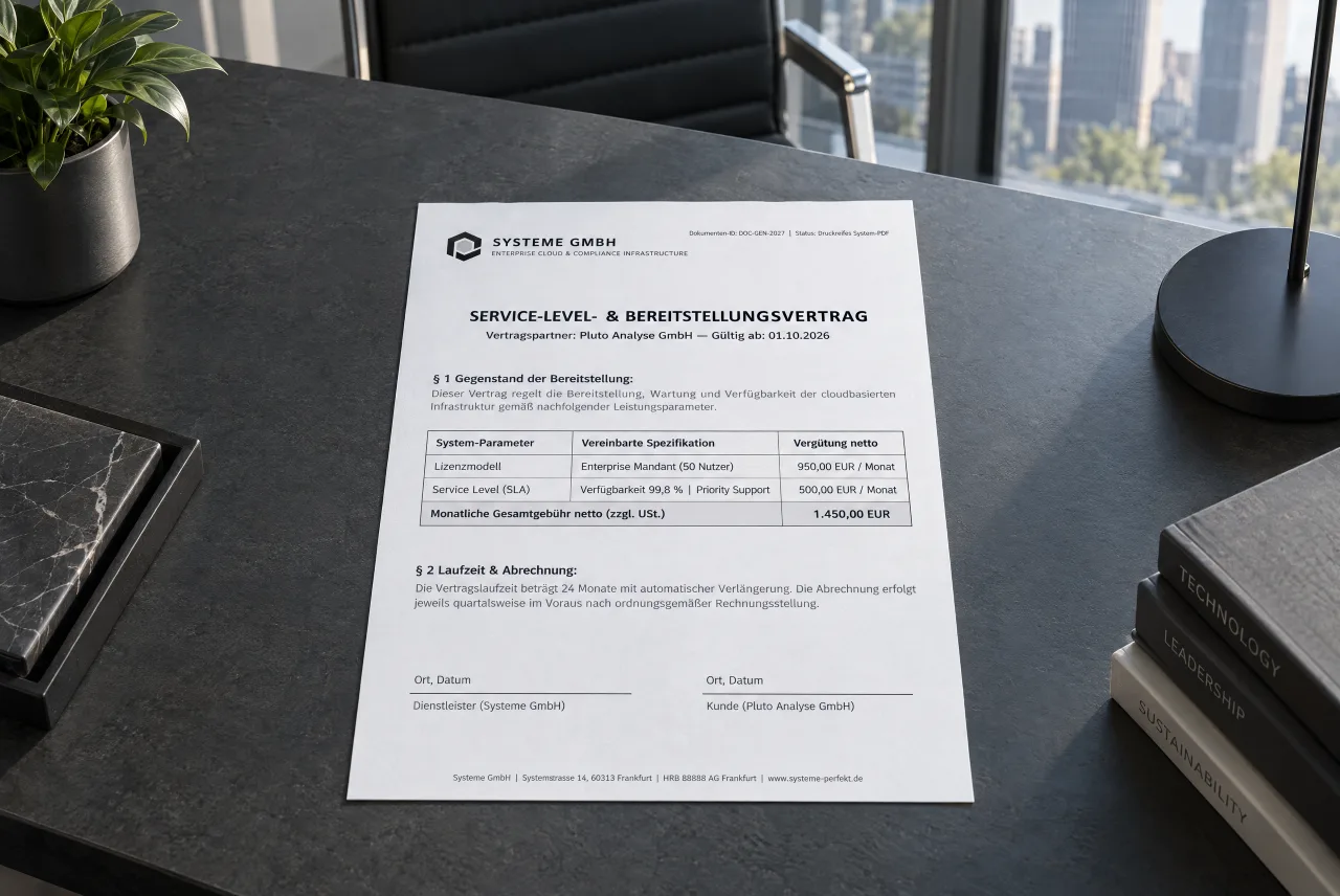 Ein fertiger Service-Level-Vertrag auf einem Schreibtisch: Logo in der Kopfzeile, eine Tabelle mit den vereinbarten Beträgen, unten zwei Signaturfelder.