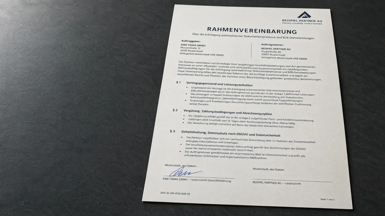 Eine fertige Rahmenvereinbarung: Logo in der Kopfzeile, beide Parteien nebeneinander, am Ende zwei Signaturfelder, eines davon unterschrieben.