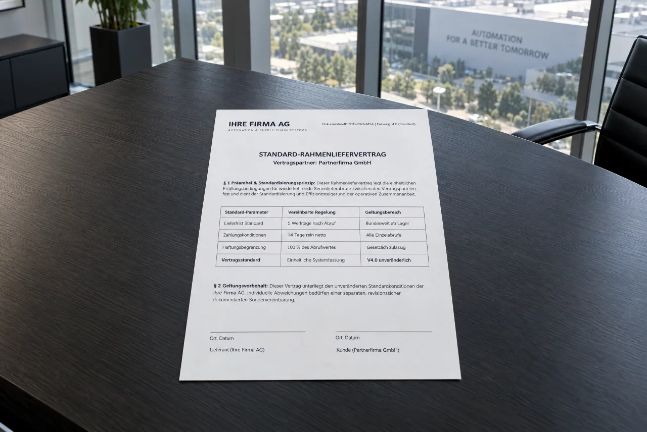 Ein fertig gesetzter Rahmenliefervertrag: Firmenname in der Kopfzeile, eine Tabelle mit den Standardkonditionen, unten zwei Signaturfelder.