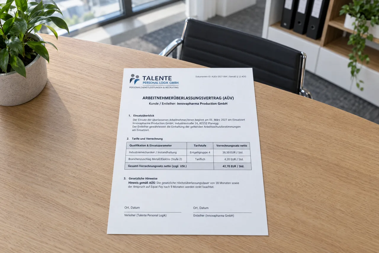 Ein Überlassungsvertrag als fertiges PDF, mit dem Logo des Personaldienstleisters in der Kopfzeile.
