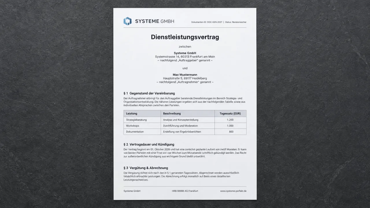 The same contract page typeset: one typeface, even spacing, the heading stays with its paragraph.