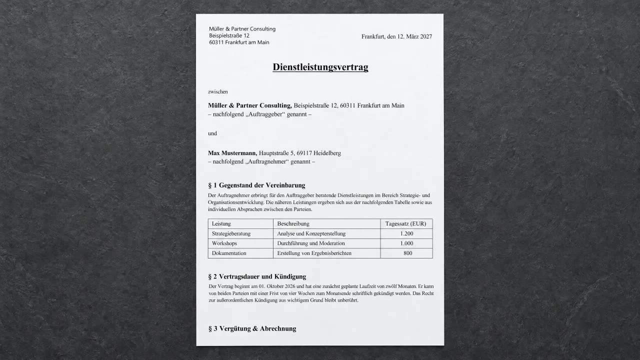 A contract page with a shifted header, two different typefaces and a heading on its own at the bottom of the page.